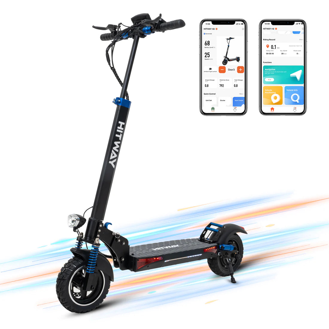 HITWAY E-Scooter mit eingeschalteten Lichtern und zwei Smartphones, die die App-Steuerung und Überwachung des Scooters zeigen.