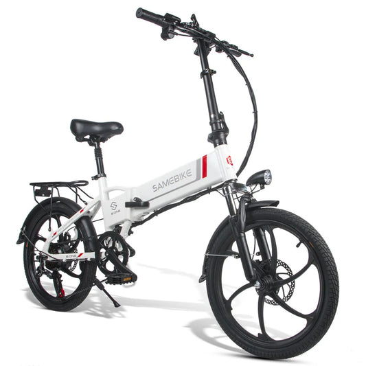 SAMEBIKE 20LVXD30 faltendes elektrisches Fahrrad in Weiß, ausgeklappt und fahrbereit, mit sichtbarer Federgabel und bürstenlosem Motor.