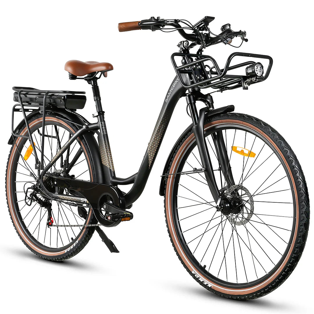 Schwarzes SAMEBIKE RS-A07 City E-Bike mit braunem Sattel und braunen Lenkergriffen, ausgestattet mit einem 500W Motor und 36V 13Ah Akku.