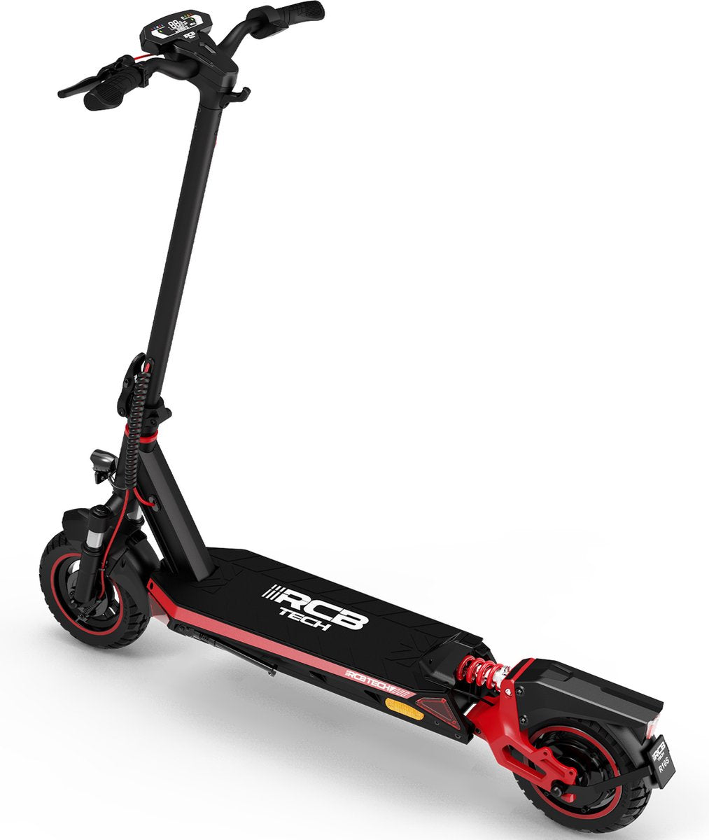 Seitenansicht des R10S E-Scooters in Rot und Schwarz, mit robustem Rahmen und großen Luftreifen.