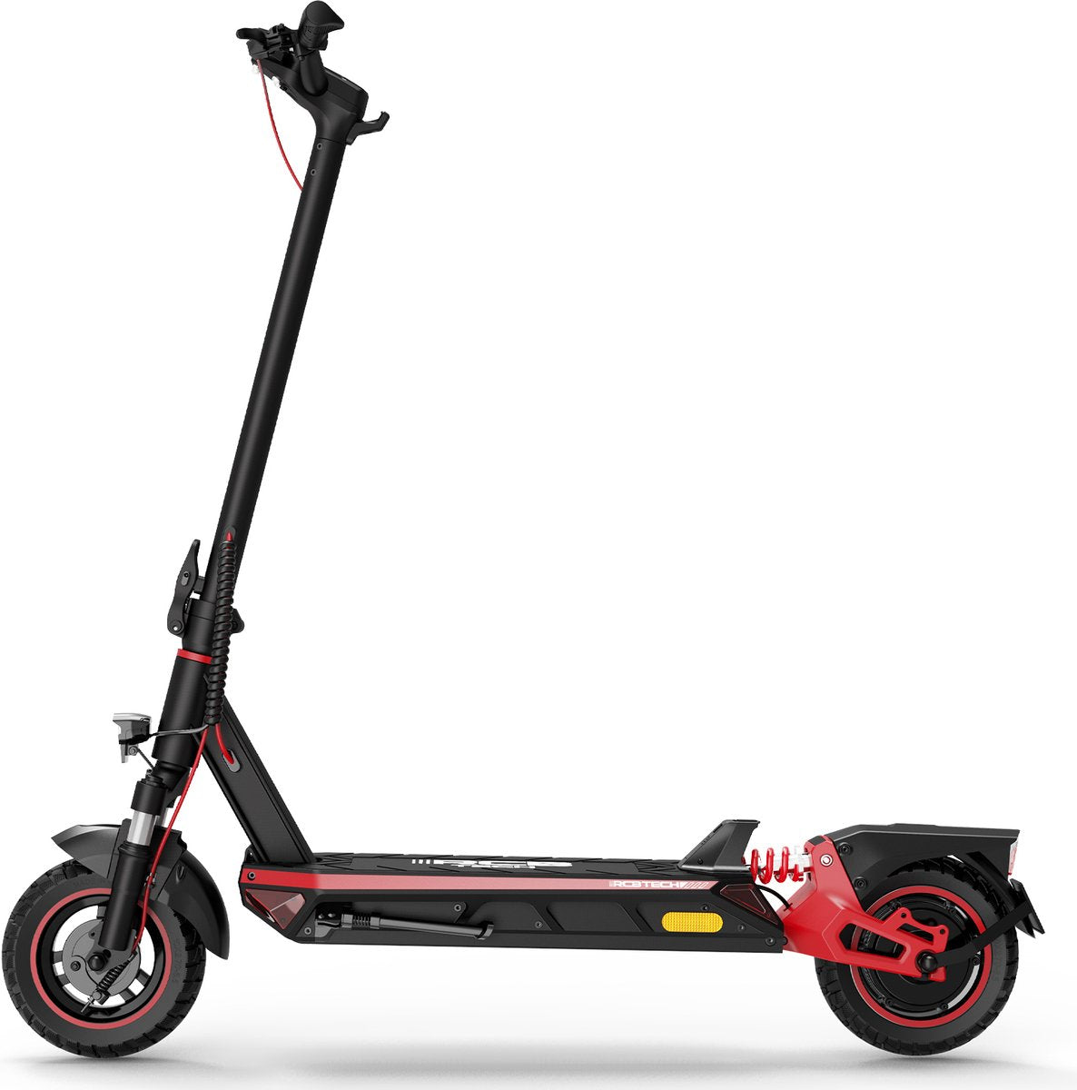 Seitenansicht des R10S E-Scooters in Rot und Schwarz, mit vollständig ausgefahrenem Lenker und sichtbarer Stoßdämpfung.