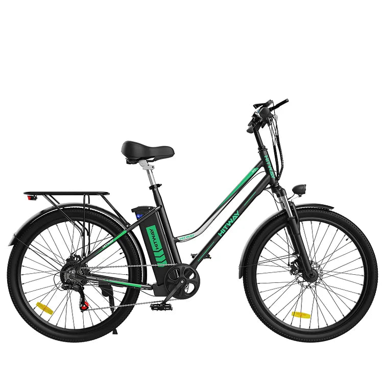 LavishApe HITWAY BK8 Trekking E-Bike, Seitenansicht in Schwarz mit grünen Akzenten.