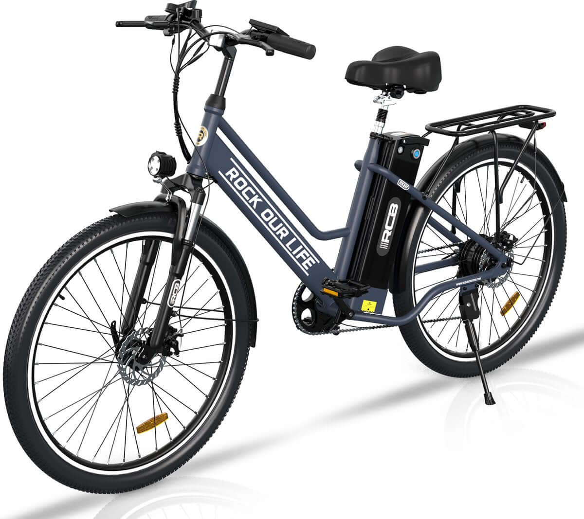 LavishApe RCB RK8S E-Bike mit 250W Motor, 26-Zoll Reifen und Gepäcktaschen.