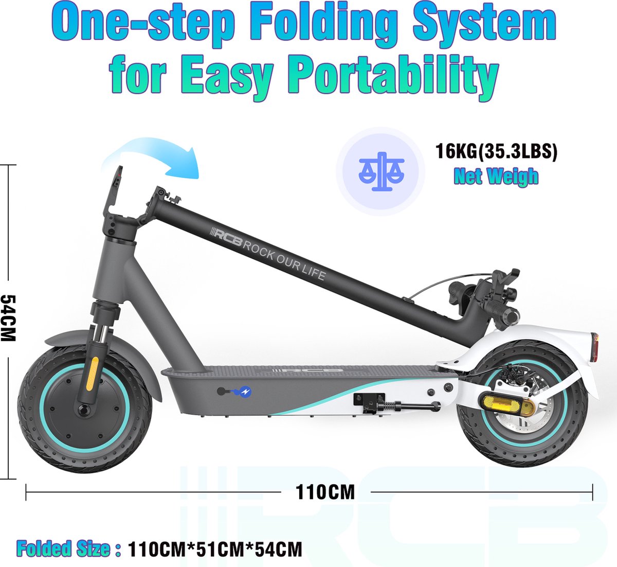 Der EV10K Pro ABE E-Scooter im zusammengeklappten Zustand, der das 1-Schritt-Faltsystem und die kompakten Abmessungen zeigt. Text im Bild beschreibt die einfache Tragbarkeit und das Nettogewicht von 16 kg.