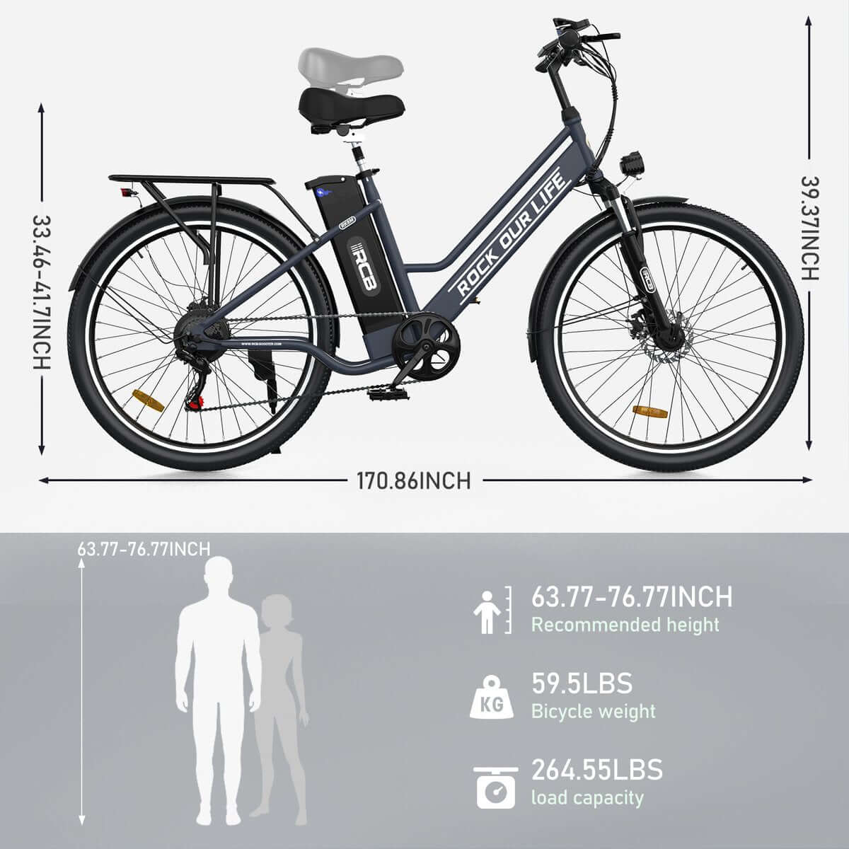 LavishApe RCB RK8S E-Bike Maße, geeignet für Fahrer unterschiedlicher Größen.