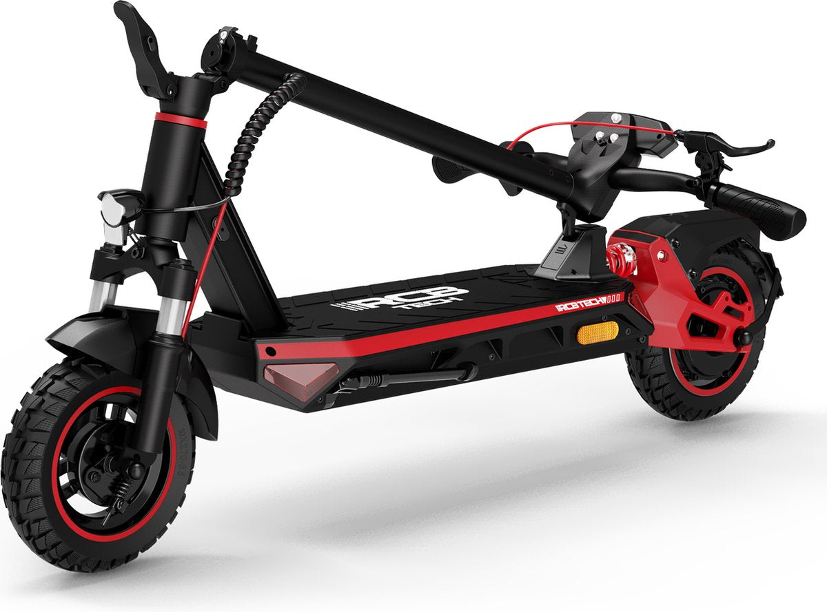 Der R10S E-Scooter in Rot und Schwarz, in gefaltetem Zustand gezeigt, bereit für den Transport oder die Lagerung.