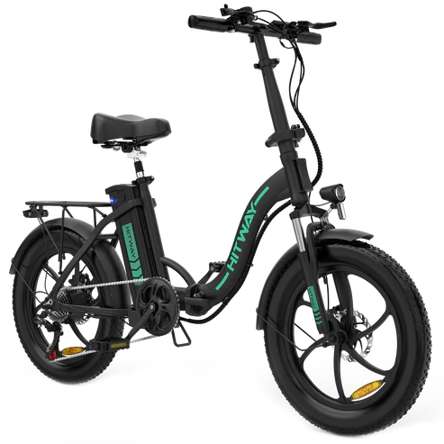 LavishApe HITWAY BK6S Klappbares E-Bike, schräg vorne in Schwarz mit grünem Logo.