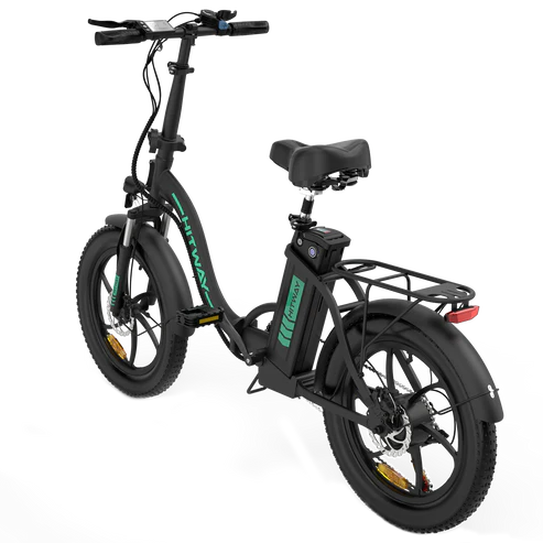 LavishApe HITWAY BK6S Klappbares E-Bike, schräg hinten in Schwarz mit grünem Logo.