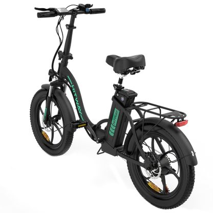 LavishApe HITWAY BK6S Klappbares E-Bike, schräg hinten in Schwarz mit grünem Logo.