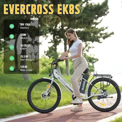 LavishApe Evercross EK8S City E-Bike in Weiß, Seitenansicht, 250W Motor, 26 Zoll MTB Reifen