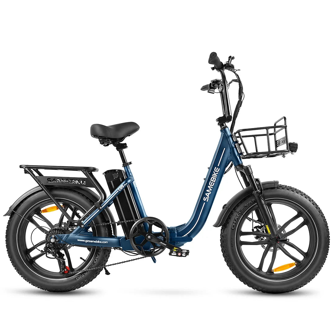 Dunkelblaues SAMEBIKE C05 Pro E-Bike mit 20-Zoll Fat Tires, Step-Through Design und 36V 13Ah Akku.