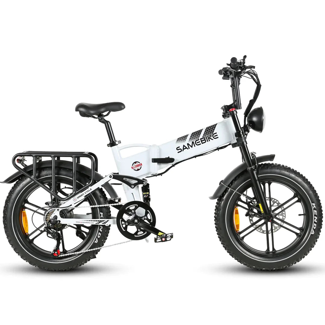 Seitenansicht des Samebike RS-A02 Offroad-E-Bikes in Weiß.