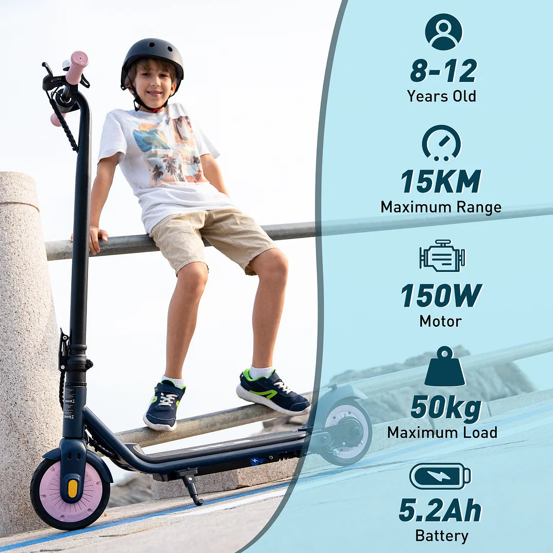 Junge sitzt auf R7X Kid E-Scooter, 8-12 Jahre alt, maximale Reichweite 15 km, 150W Motor, maximale Last 50 kg, 5.2Ah Batterie