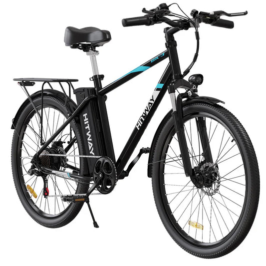 BK3S E-Bike von HITWAY in schwarzer Farbe mit 26-Zoll-Rädern und einer stabilen Karbonstahlstruktur, ausgestattet mit Vorder- und Hinterrad-Scheibenbremsen.