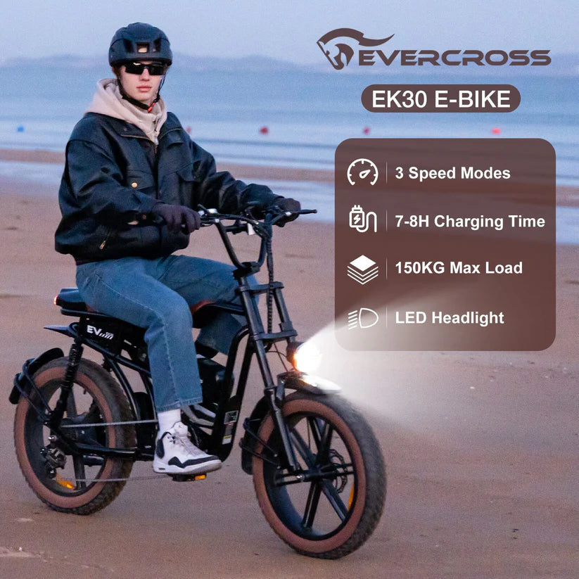 EVERCROSS EK30 E-Bike mit LED-Scheinwerfer, 3-Gang-Modus und 150 kg Maximalbelastung am Strand