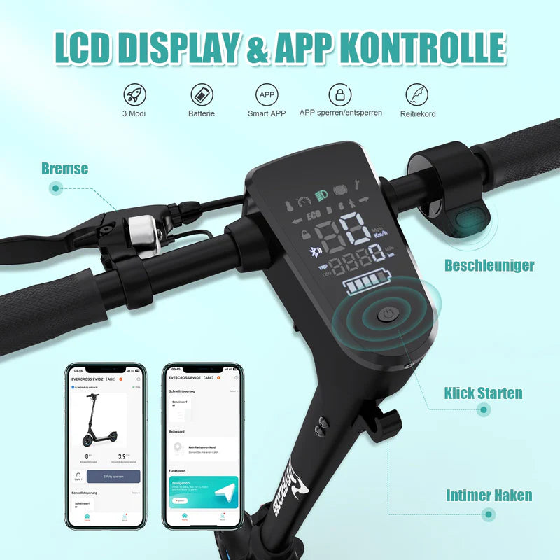 Nahaufnahme des LCD-Displays des EV10Z E-Scooters mit App-Kontrolle. Text zeigt Funktionen wie Bremsen, Beschleuniger, Klick-Start, intimen Haken und App-Steuerung für Modus, Batterie und Fahrtenprotokoll.