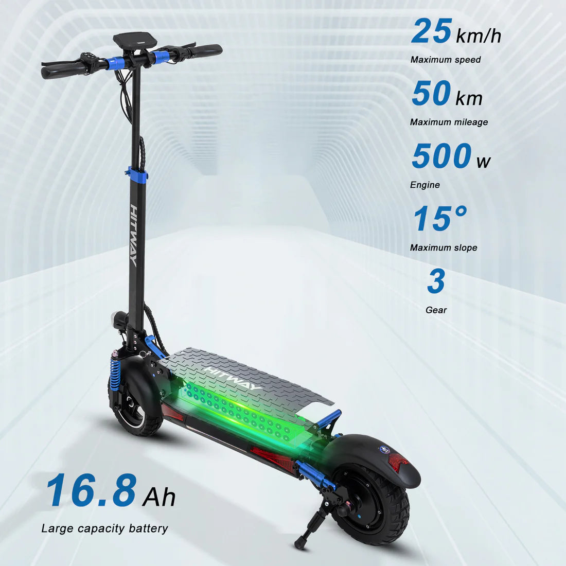 Der HITWAY E-Scooter mit 25 km/h Höchstgeschwindigkeit, 50 km maximaler Reichweite, 500W Motor, 15° maximaler Steigung und 16.8Ah Batterie, die die große Kapazität anzeigt.