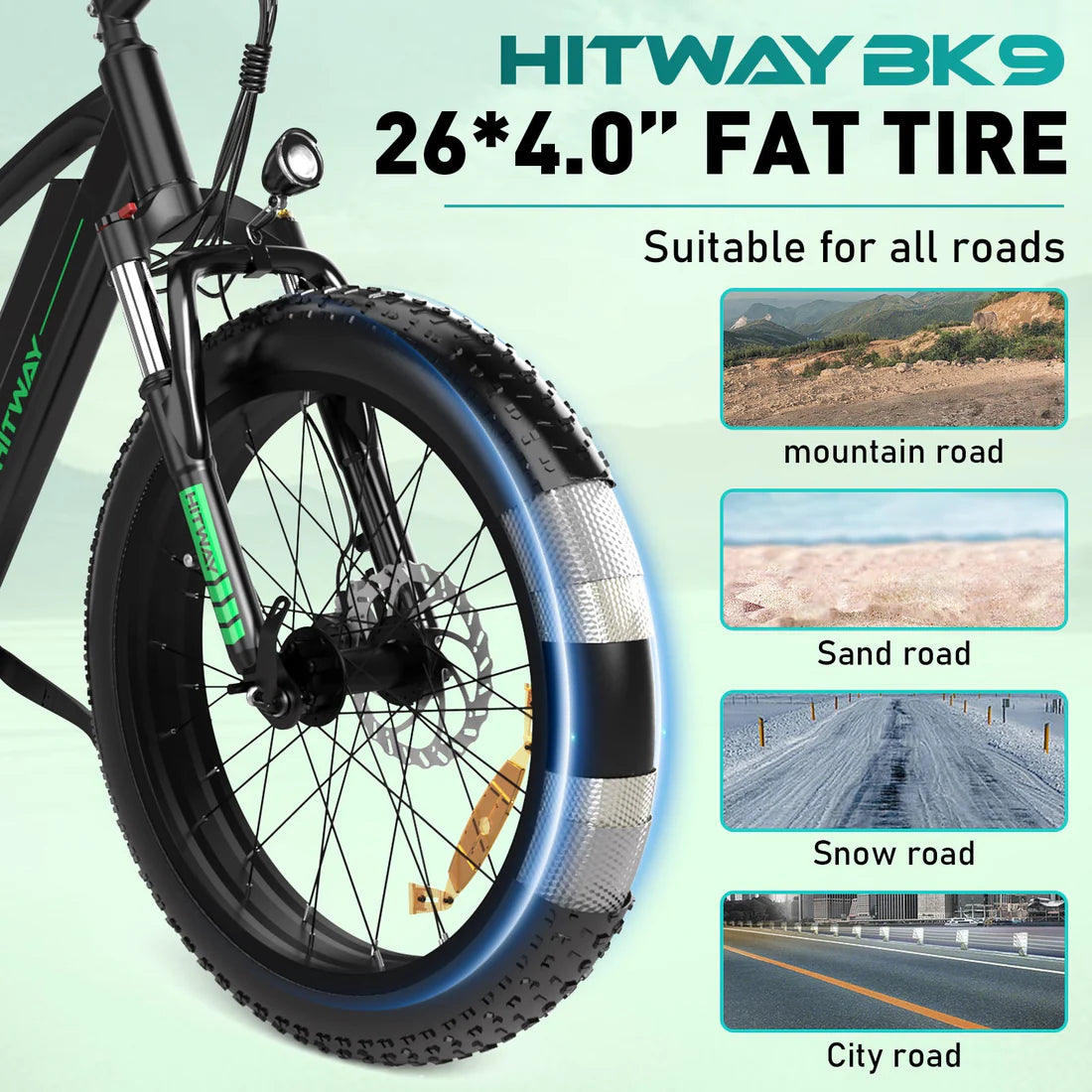 Hitway BK9 E-Bike - 500W Motor, 48V 15Ah, 26" x 4.0" Fat Tire - All-Terrain Mountain E-Bike