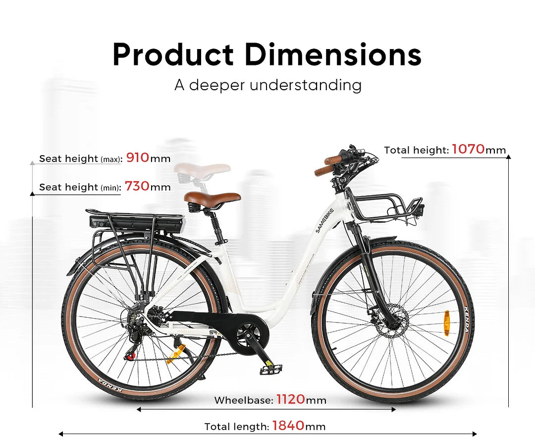 Detailansicht der 36V 13Ah Lithium-Ionen-Batterie des SAMEBIKE RS-A07 City E-Bike, die eine längere Fahrtzeit ermöglicht."