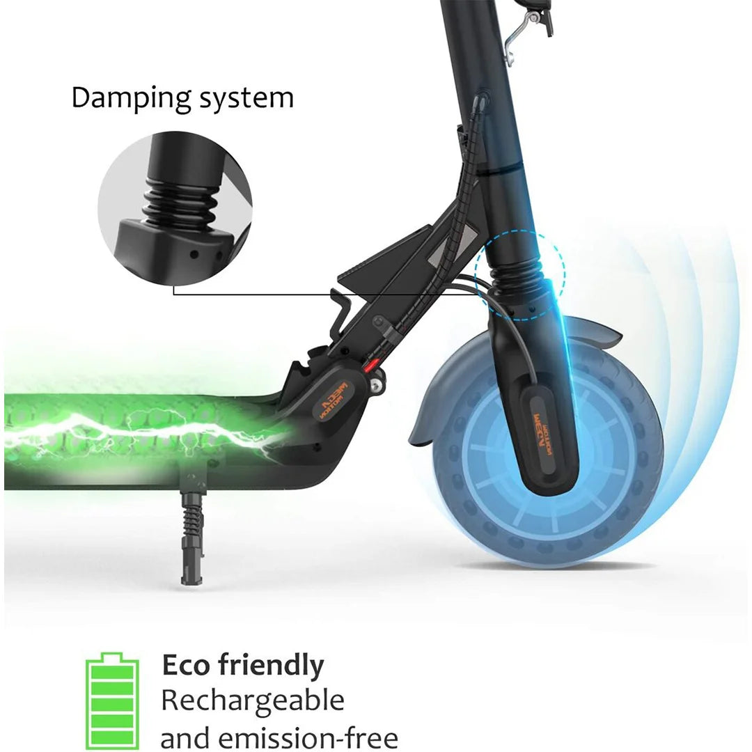 Nahaufnahme des Stoßdämpfungssystems des M5-HB15 Elektrorollers. Der Text „Eco friendly, rechargeable and emission-free“ ist darunter abgebildet.