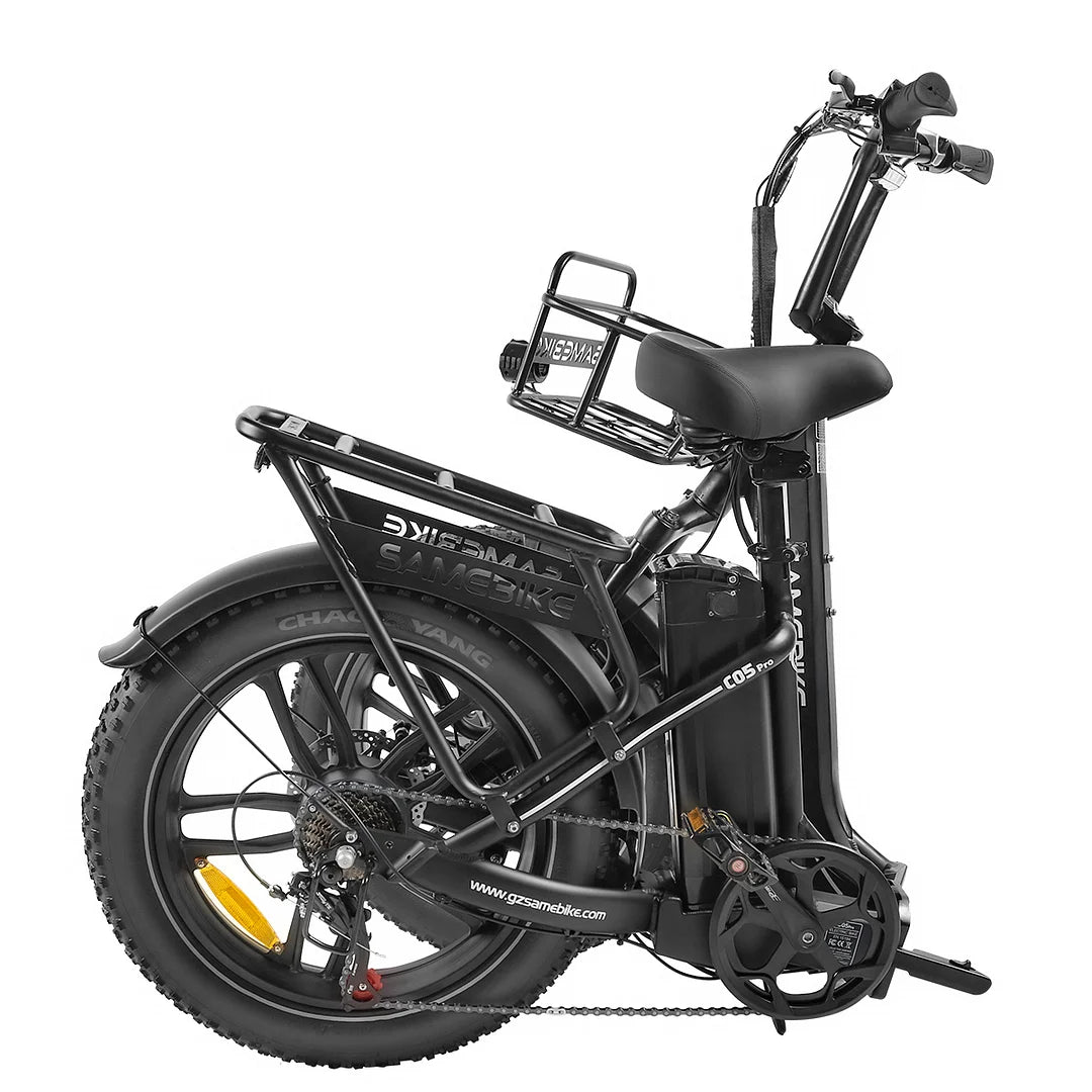 Schwarzes SAMEBIKE C05 Pro E-Bike, seitliche Ansicht, gefaltet für den einfachen Transport.