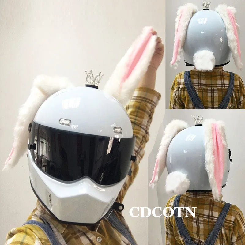 Car Motorcycle Helmet Cute Plush Rabbit Ears Decor Motocross Full Face off Road Helmet Accessories Sticker Cosplay Auto Styling