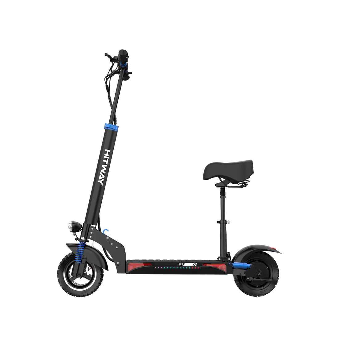 HITWAY E-Scooter mit abnehmbarem Sitz, Seitenansicht, zeigt die Kombination aus Steh- und Sitzoption für flexible Nutzung.