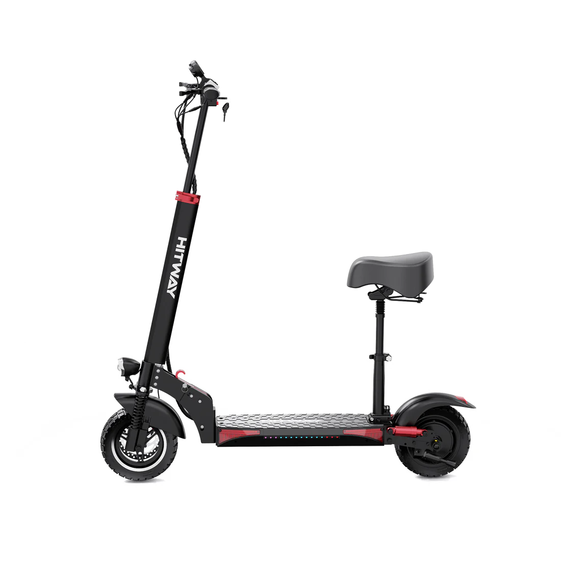 HITWAY E-Scooter mit Sitz, Seitenansicht, zeigt das komfortable Design mit bequemer Sitzoption und robustem Rahmen.