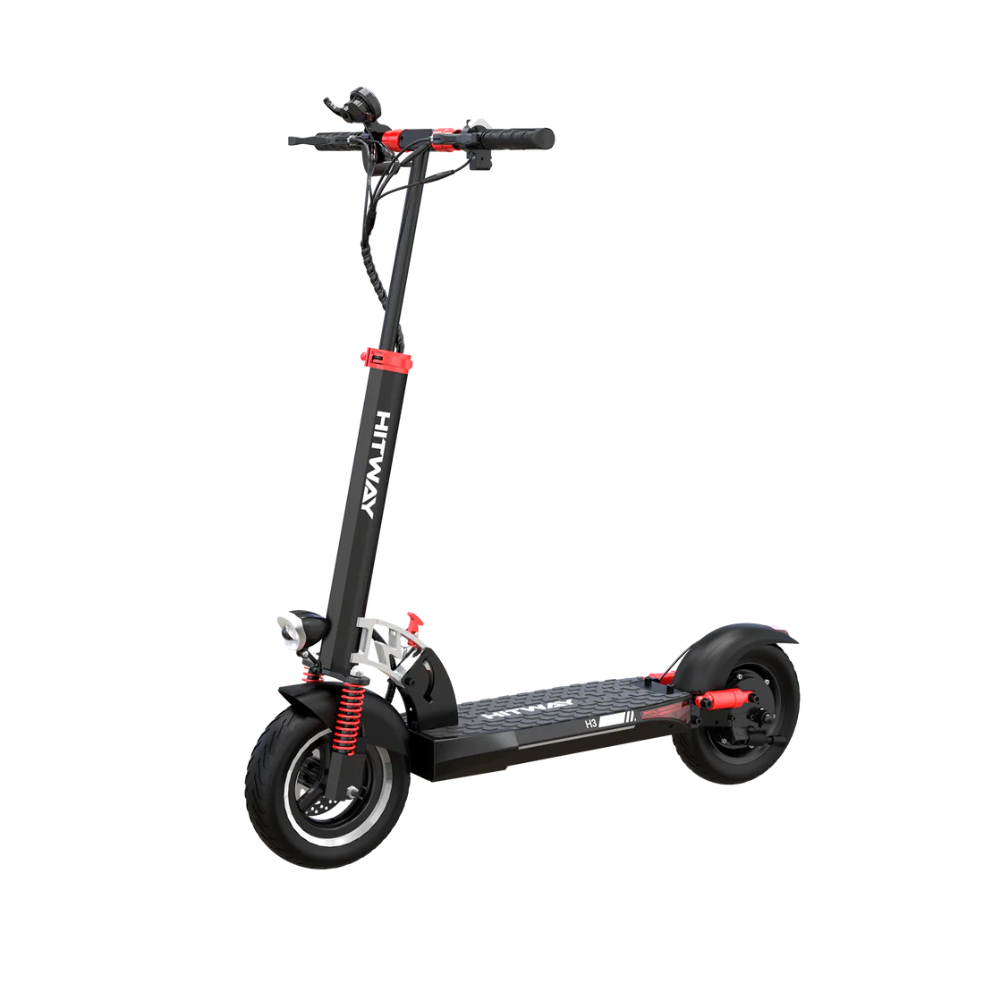 HITWAY E-Scooter ohne Sitz, Seitenansicht, mit roten Akzenten und stabilen Reifen.