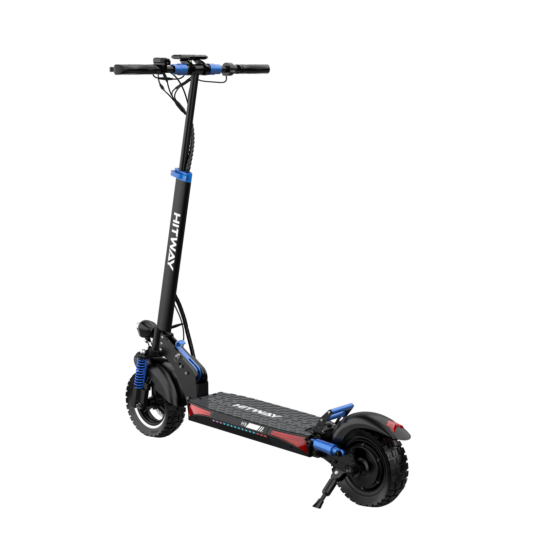 HITWAY E-Scooter in Seitenansicht, der das schlanke und robuste Design mit den charakteristischen blauen und roten Akzenten zeigt.