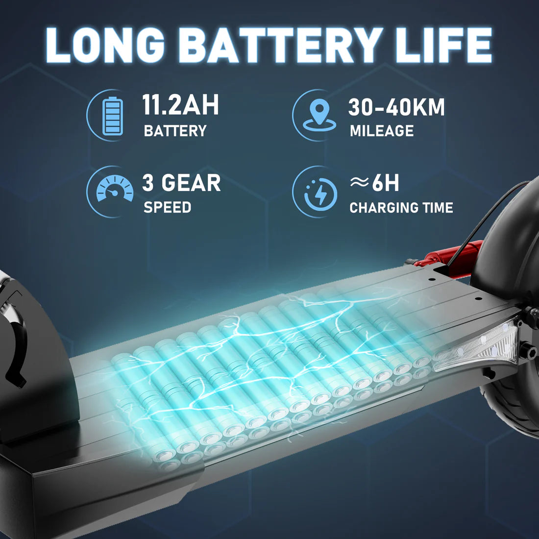 Nahaufnahme der 11.2Ah Batterie des HITWAY E-Scooters, mit einer Reichweite von 30-40 km, 3-Gang-Geschwindigkeitsstufen und einer Ladezeit von ca. 6 Stunden.