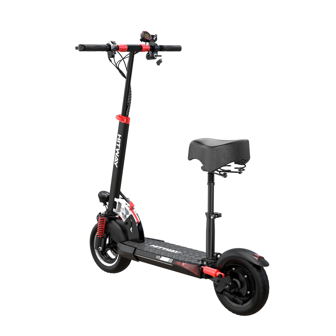 HITWAY E-Scooter mit Sitz, Vorderansicht, zeigt das Display und die Bedienelemente sowie den komfortablen Sitz.