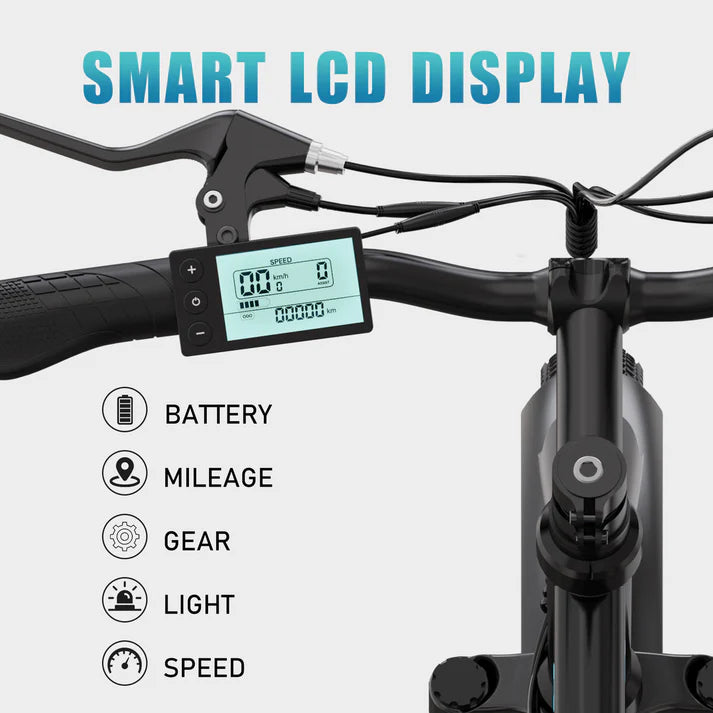 Nahaufnahme des Smart-LCD-Displays des BK3S E-Bikes, das Informationen wie Batteriestand, Kilometerstand, Gang, Licht und Geschwindigkeit anzeigt.