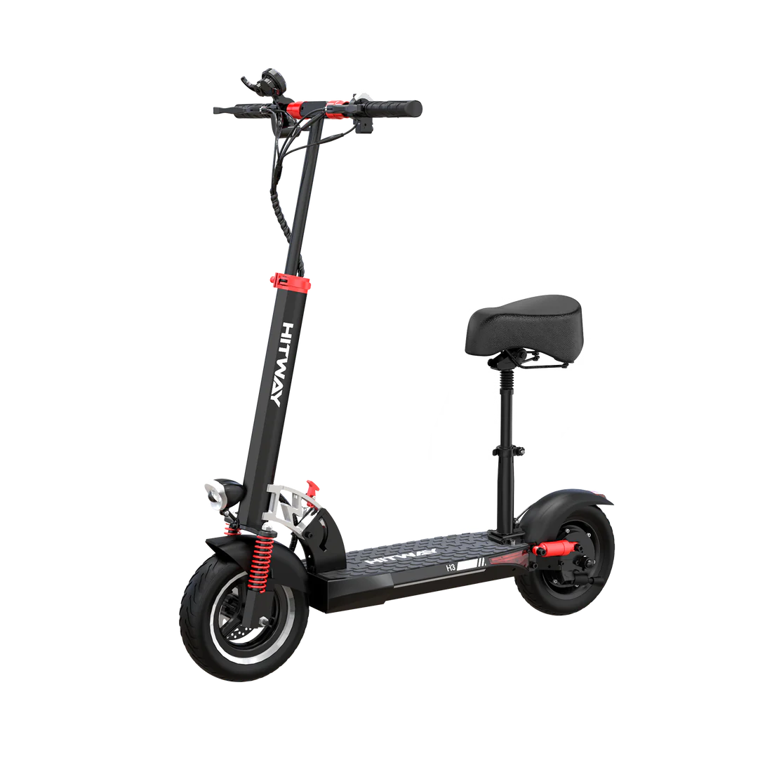 HITWAY E-Scooter mit Sitz, Seitenansicht, zeigt das gesamte Design des Scooters mit komfortablem Sitz.