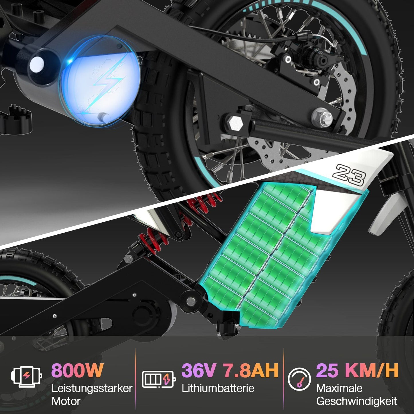 Nahaufnahme des EV65M Electric Kid Motorcycle mit Fokus auf den leistungsstarken 800W Motor und die 36V 7.8AH Lithiumbatterie.