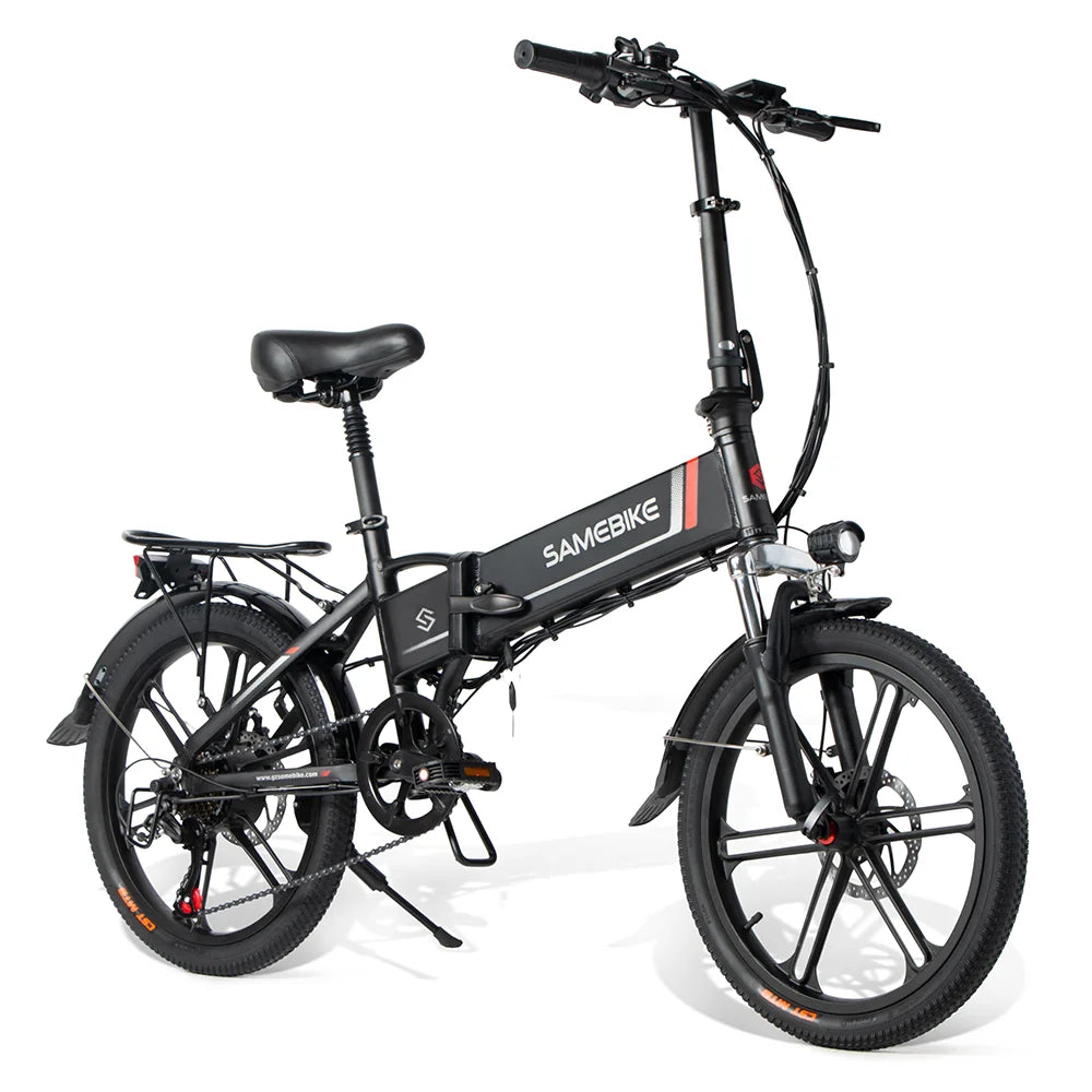 SAMEBIKE 20LVXD30-II faltbares elektrisches Fahrrad in Schwarz, ausgeklappt und fahrbereit, mit sichtbarer Federgabel und bürstenlosem Motor.