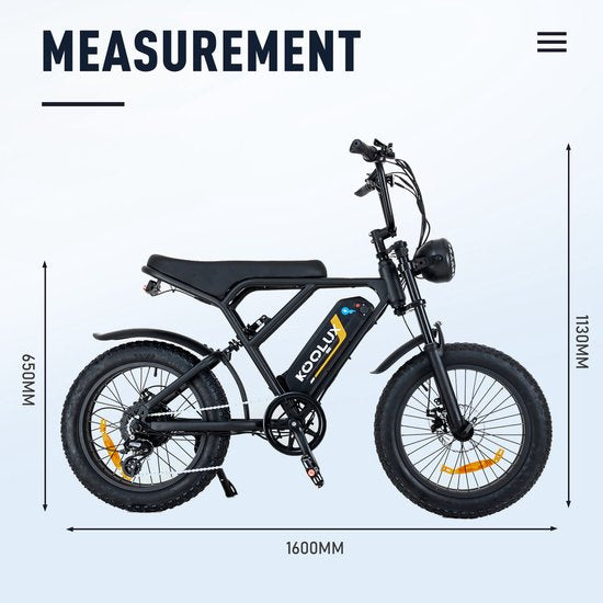 Maße des KOOLUX KL-BK29 E-Bikes: 1600mm Länge, 1130mm Höhe, 650mm Radabstand