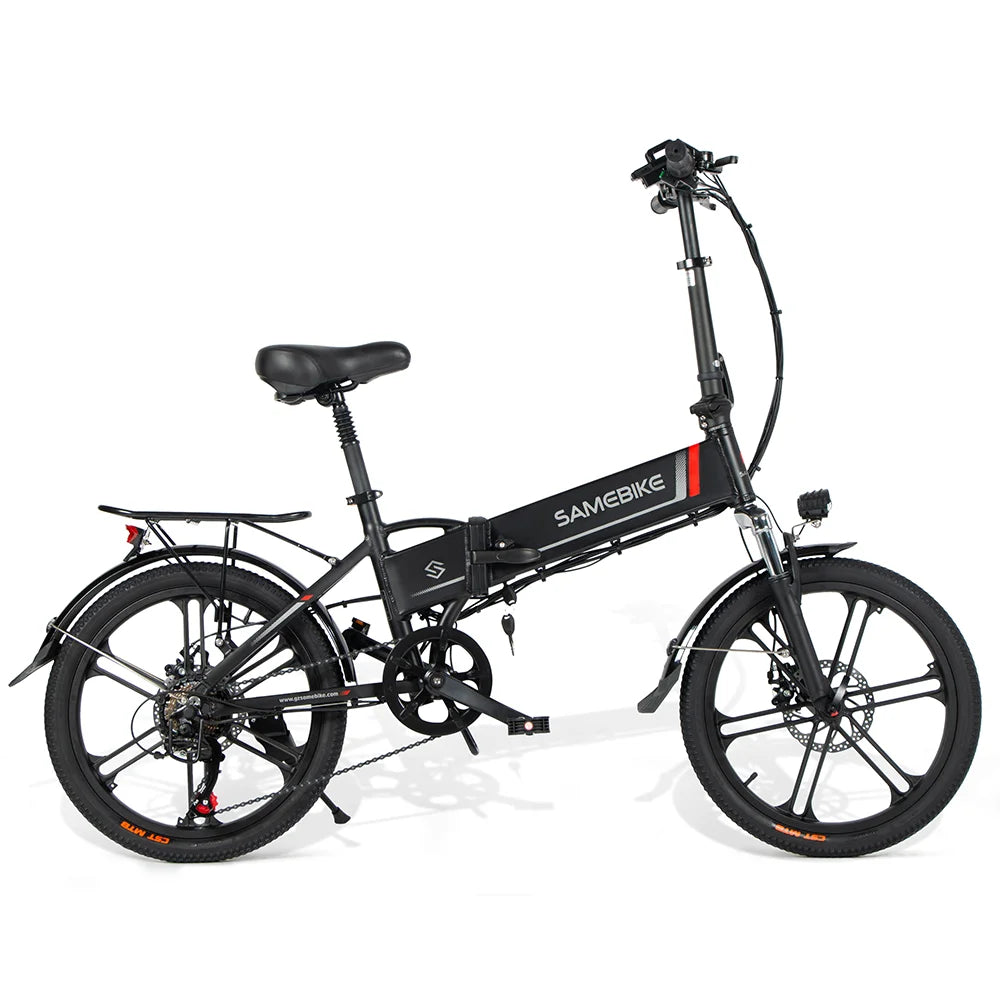 Seitenansicht des SAMEBIKE 20LVXD30-II faltbares elektrisches Fahrrad in Schwarz, zeigt die mechanischen Scheibenbremsen und den Heckträger.