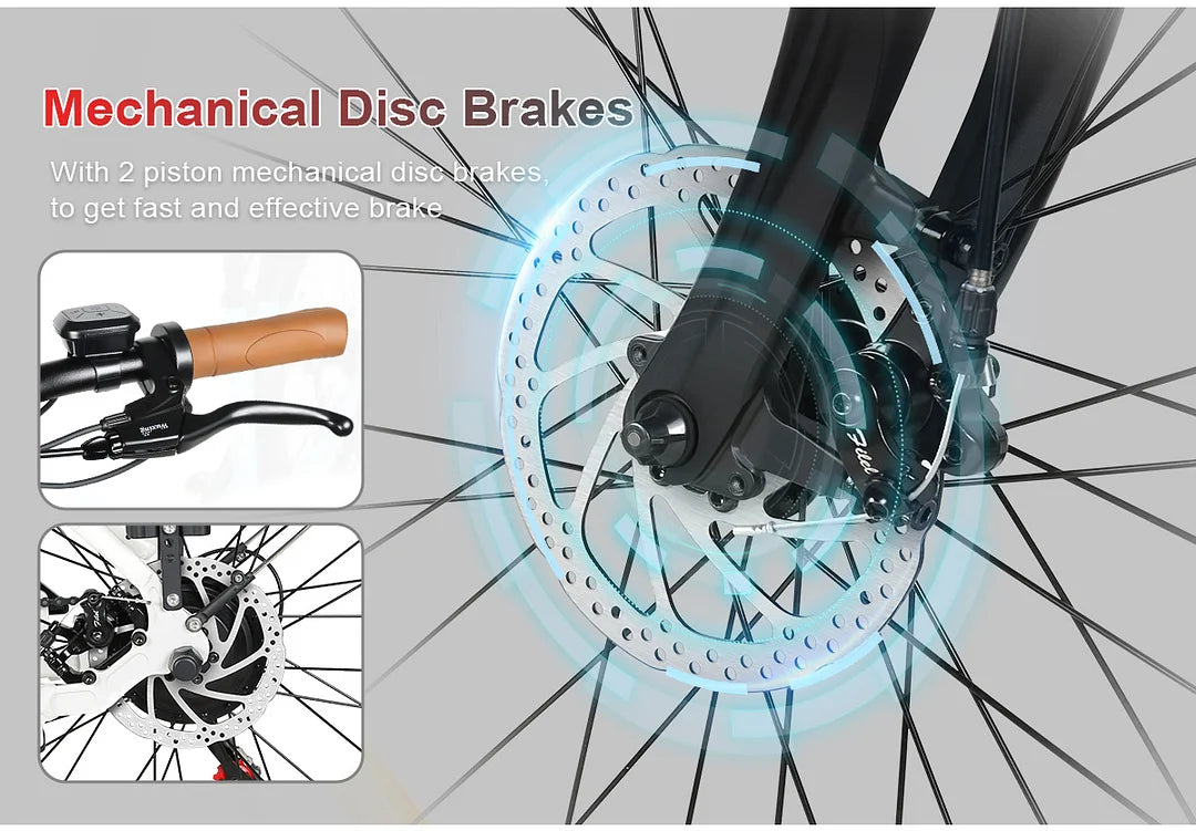 Detailansicht der mechanischen Scheibenbremsen des SAMEBIKE RS-A07 City E-Bike mit zwei Kolben für schnelles und effektives Bremsen.