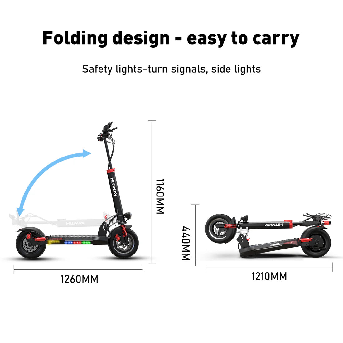 Diagramm des HITWAY E-Scooters zeigt das klappbare Design und die Abmessungen im ausgeklappten und zusammengeklappten Zustand.