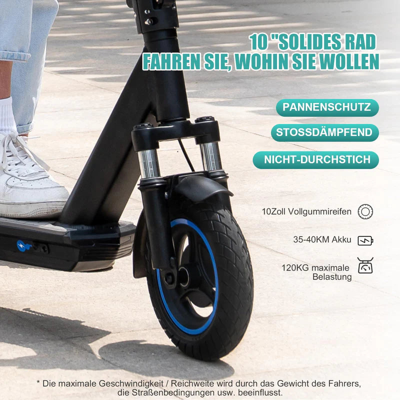 Nahaufnahme des 10-Zoll-Vollgummireifens eines EV10Z E-Scooters, der Pannenschutz, Stoßdämpfung und Durchstichschutz bietet. Text hebt die 35-40 km Reichweite, die maximale Belastung von 120 kg und die robusten Reifen hervor.