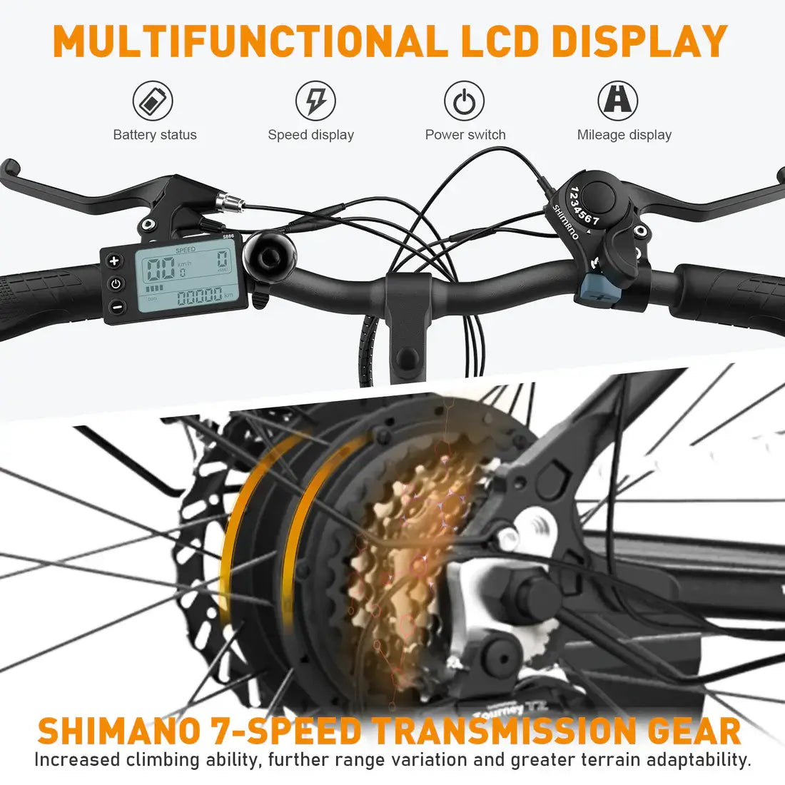 LavishApe Multifunktionales LCD-Display des Hitway BK15 E-Bikes mit Shimano 7-Gang-Getriebe