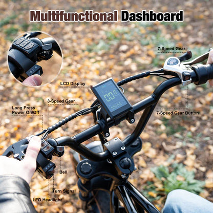 Multifunktionales LCD-Display des EVERCROSS EK30 E-Bikes mit 7-Gang-Schaltung, Hupe und LED-Scheinwerfer