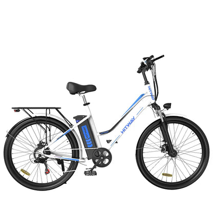 LavishApe HITWAY BK8 Trekking E-Bike, Seitenansicht in Weiß mit blauen Akzenten.