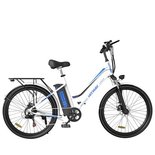 LavishApe HITWAY BK8 Trekking E-Bike, Seitenansicht in Weiß mit blauen Akzenten.