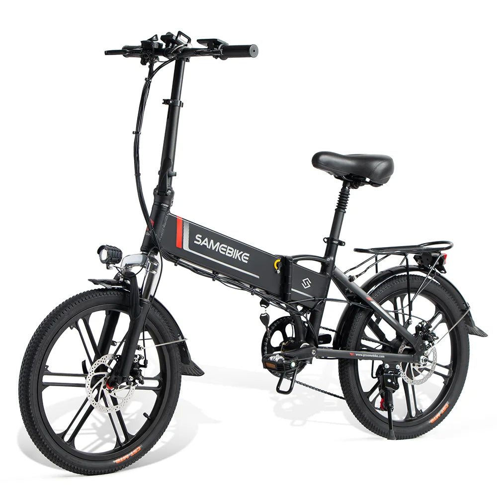 SAMEBIKE 20LVXD30-II faltbares elektrisches Fahrrad in Schwarz, zeigt die gesamte Bauweise und den komfortablen Sitz.