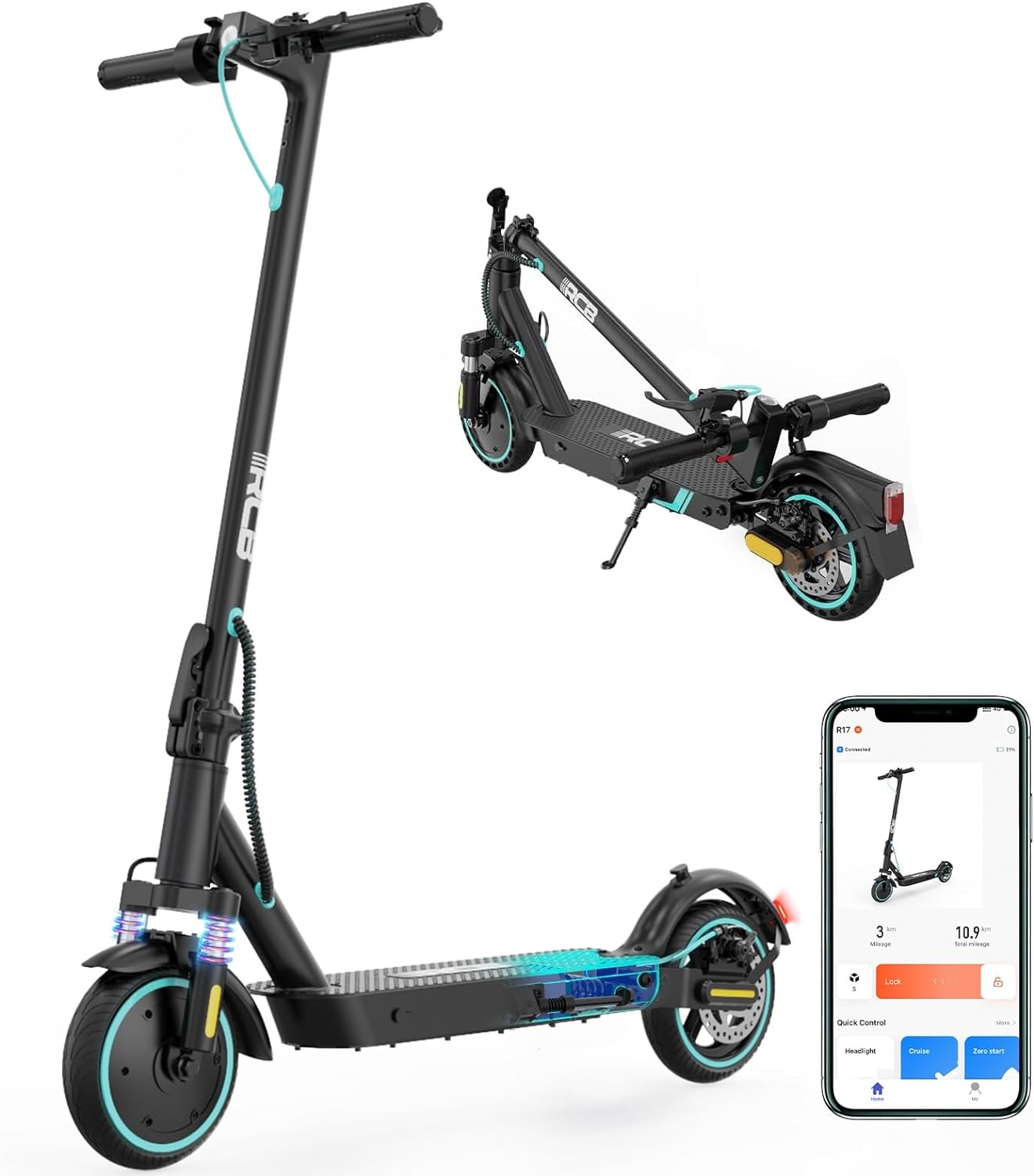  Zwei Ansichten des R17 E-Scooters: eine in voller Größe und eine zusammengeklappt. Ein Smartphone-Bildschirm zeigt die App-Steuerung des Rollers.