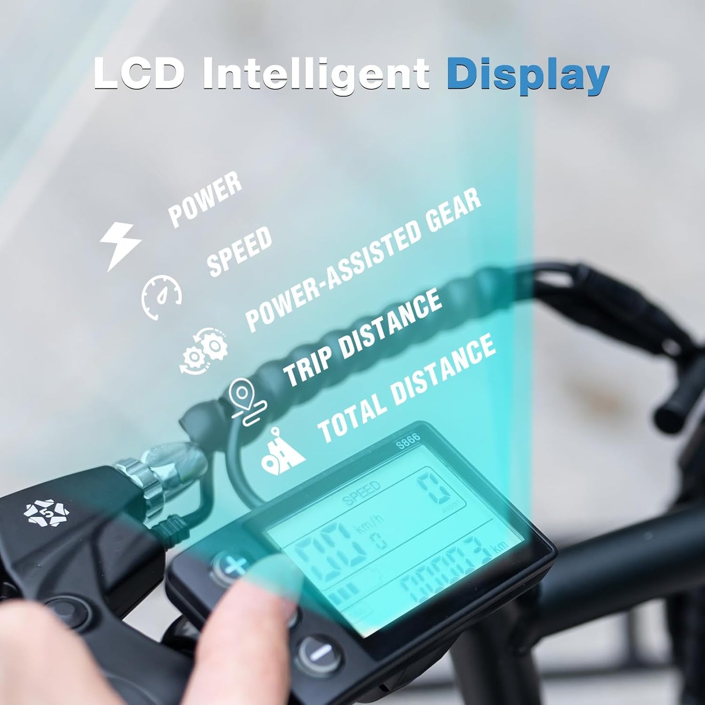 LavishApe ELEKGo EGO03 E-Trike mit multifunktionalem LCD-Display, zeigt Geschwindigkeit, Leistung und zurückgelegte Strecke.