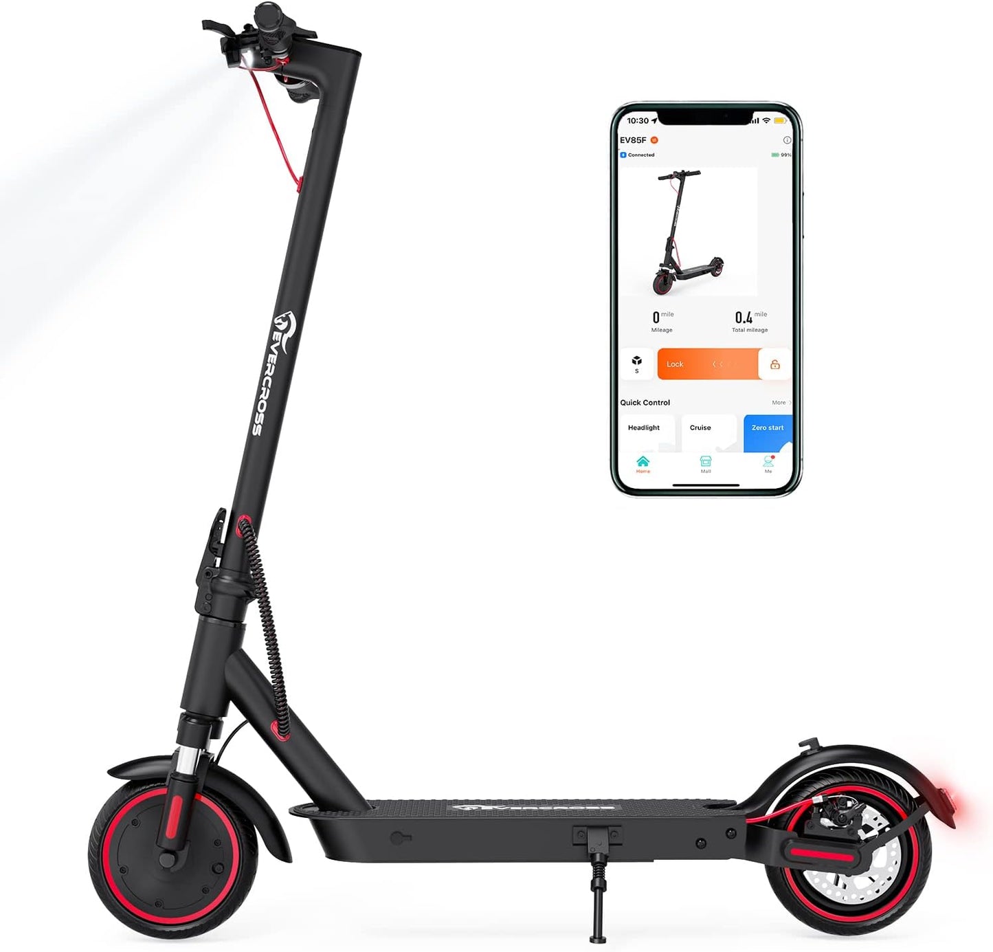 Seitenansicht des zusammengeklappten EVERCROSS EV85F E-Scooters mit LED-Scheinwerfer und App-Kontrollanzeige.