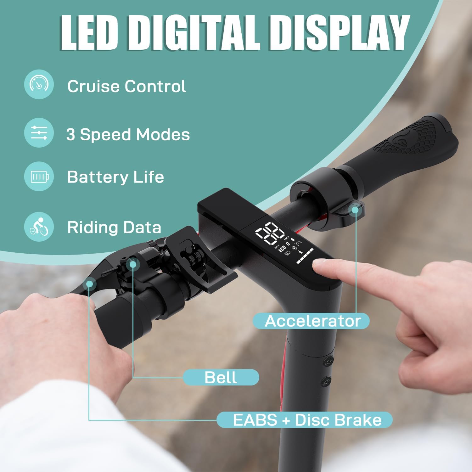 Nahaufnahme des LED-Displays eines EVERCROSS EV85F E-Scooters mit verschiedenen Funktionen wie Tempomat, 3 Geschwindigkeitsmodi, Batterielebensdauer und Fahrdaten. Text: "LED DIGITAL DISPLAY" (LED-Digitalanzeige).